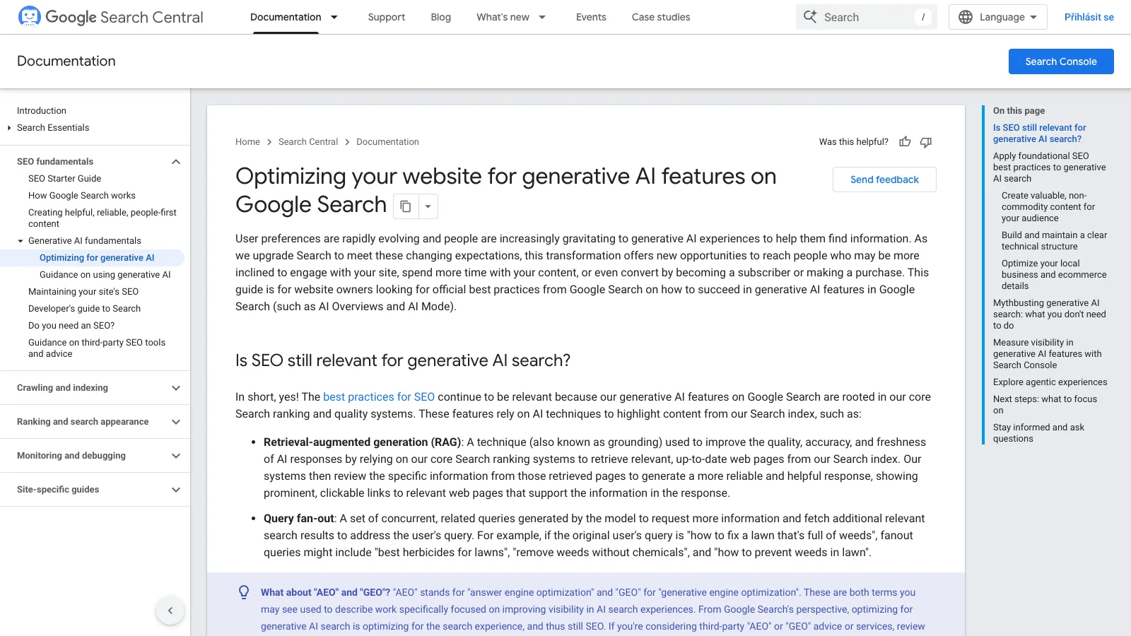 Veřejná dokumentace Google k optimalizaci webu pro AI vyhledávání