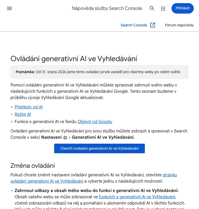 Česká nápověda Google popisující zahrnutí webu do generativního vyhledávání