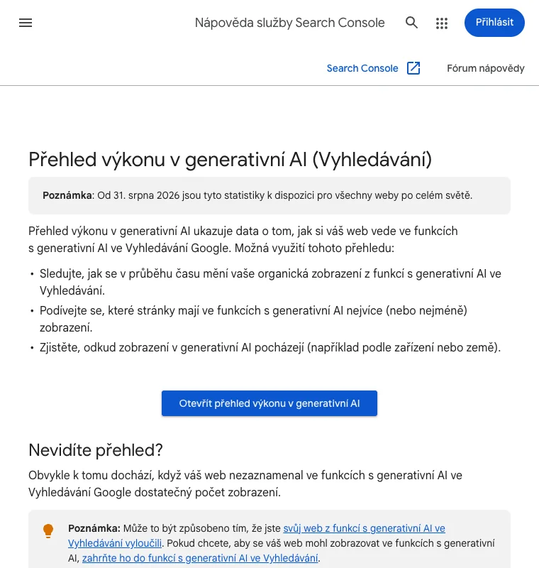 Česká nápověda Google k přehledu výkonu v generativní AI ve Vyhledávání